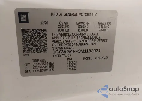 2021 Chevrolet Express Cargo Rwd 2500 Regular Wheelbase Wt z USA, uszkodzony, nr VIN 1GCWGAFP3M1193924